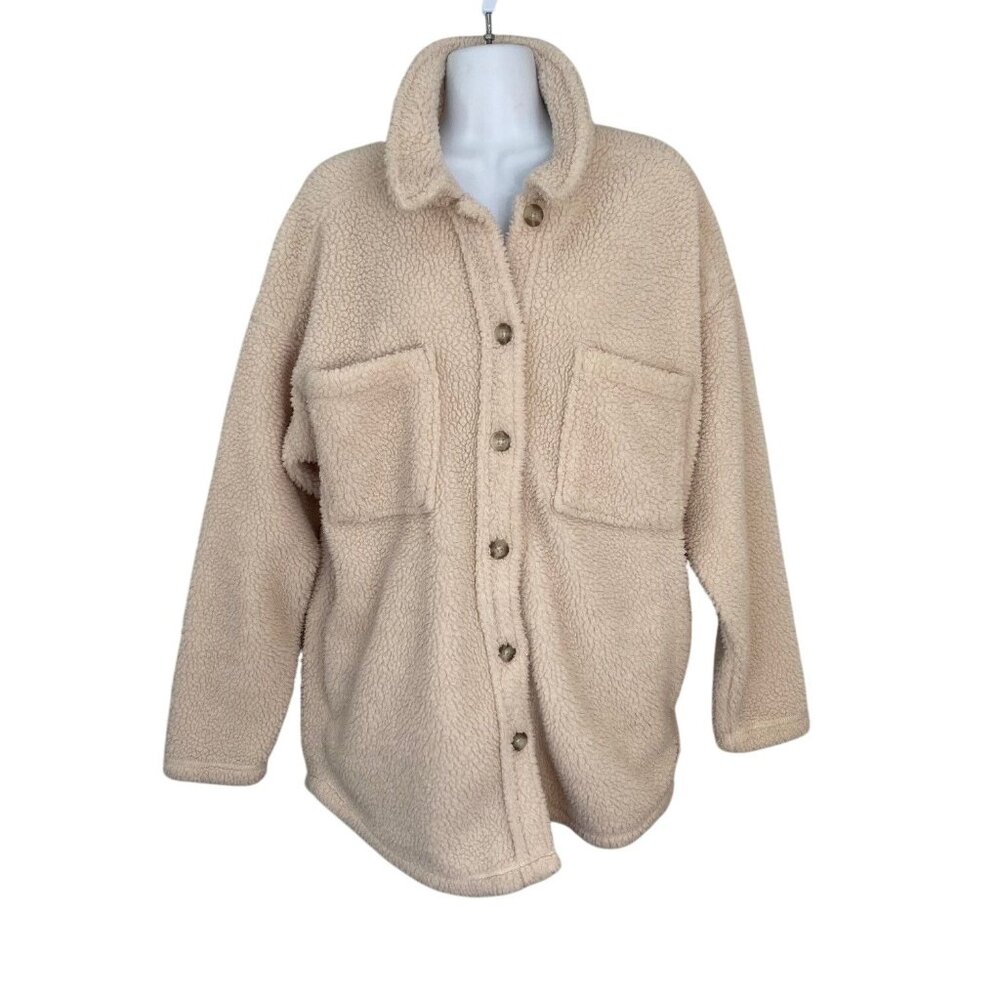 Eddie Bauer XS Sherpa Relaxed Fit Shacket Jacke Tan Pockets Cozy Warm Fleece